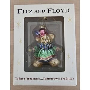 Vintage Fitz & Floyd Christmas Court BOY Teddy Bear Blown Glass Ornament Genuine